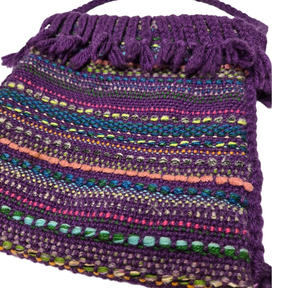 Vintage Hand Woven Purple Yarn Fringe Bag Nellie Burnham Boho Textile Purse 70s - Picture 2 of 14